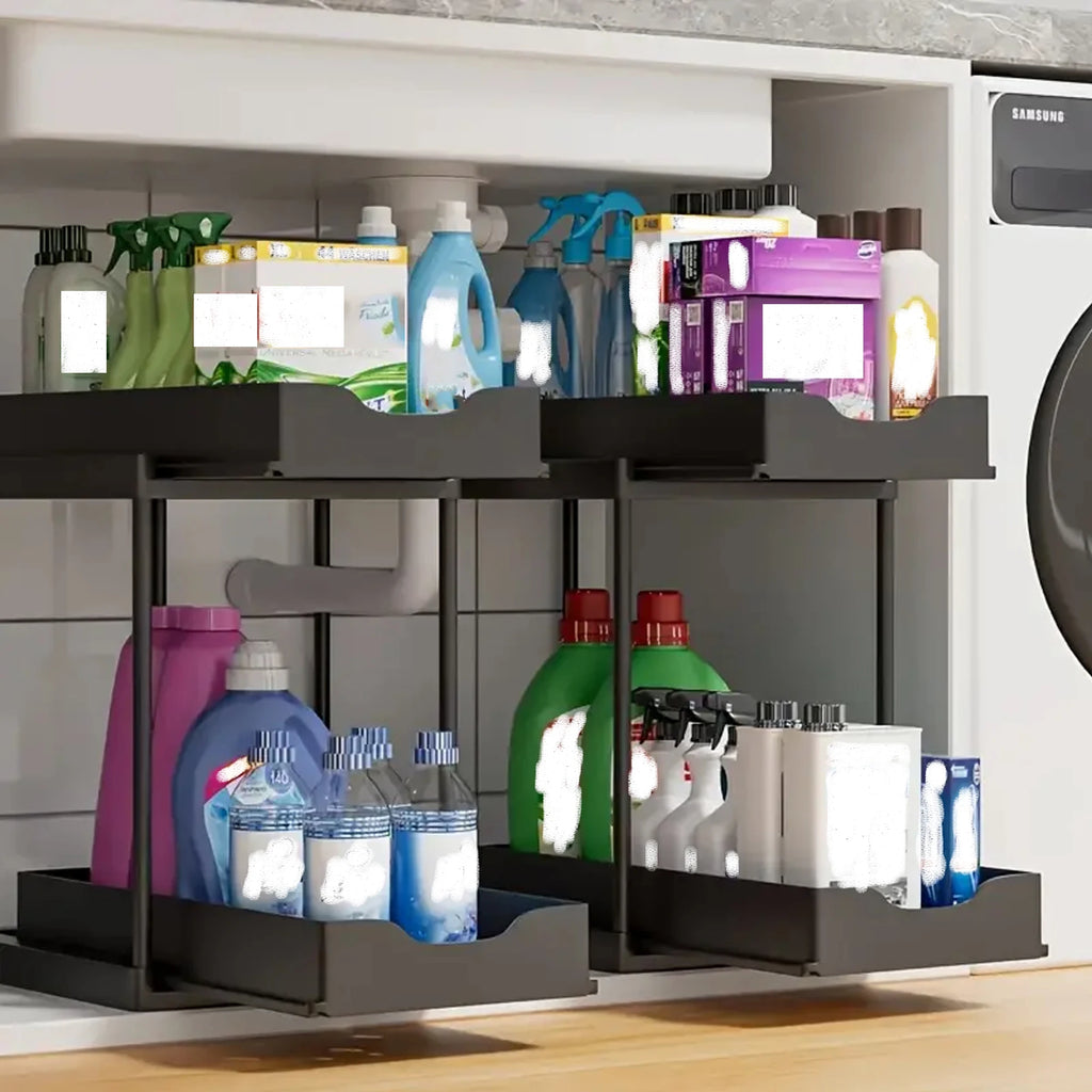 2-Tier Sliding Pull-Out Kitchen Storage Rack - Non-Slip Multifunctional Drawer Organizer for Under-Sink and Countertop Storage