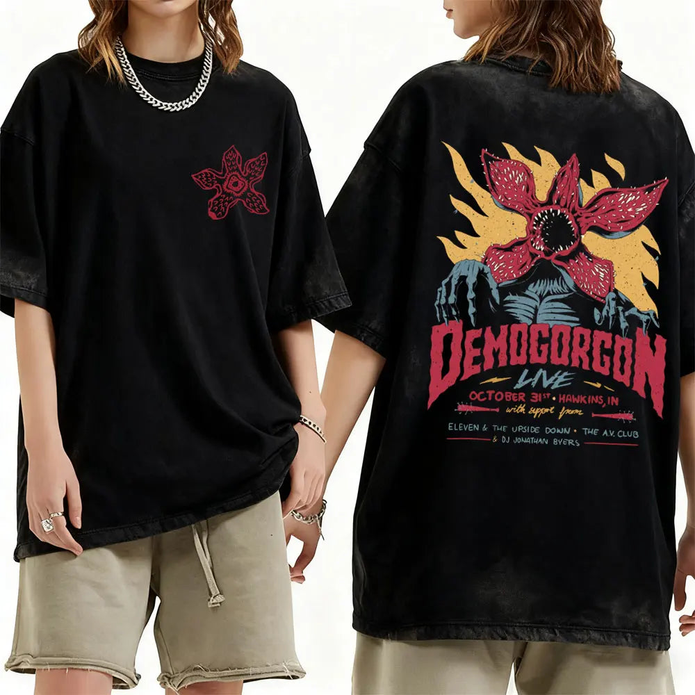 Washed Vintage The Demogorgon Cannibal Flower Monster Graphic T-shirt Eddie Munson T Shirts Men Women Casual Oversized T-shirts