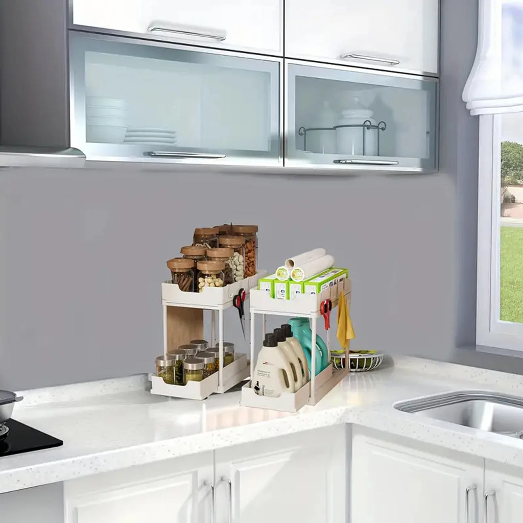2-Tier Sliding Pull-Out Kitchen Storage Rack - Non-Slip Multifunctional Drawer Organizer for Under-Sink and Countertop Storage