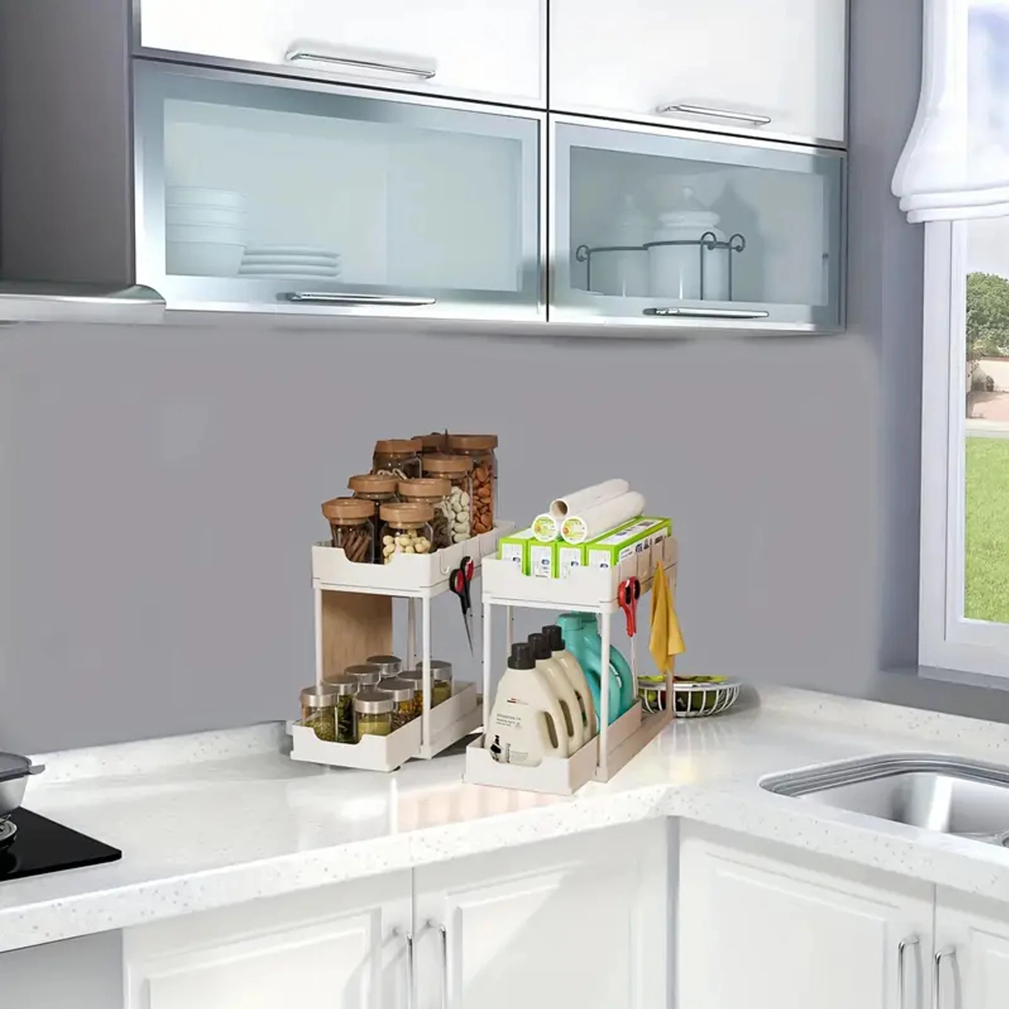 2-Tier Sliding Pull-Out Kitchen Storage Rack - Non-Slip Multifunctional Drawer Organizer for Under-Sink and Countertop Storage