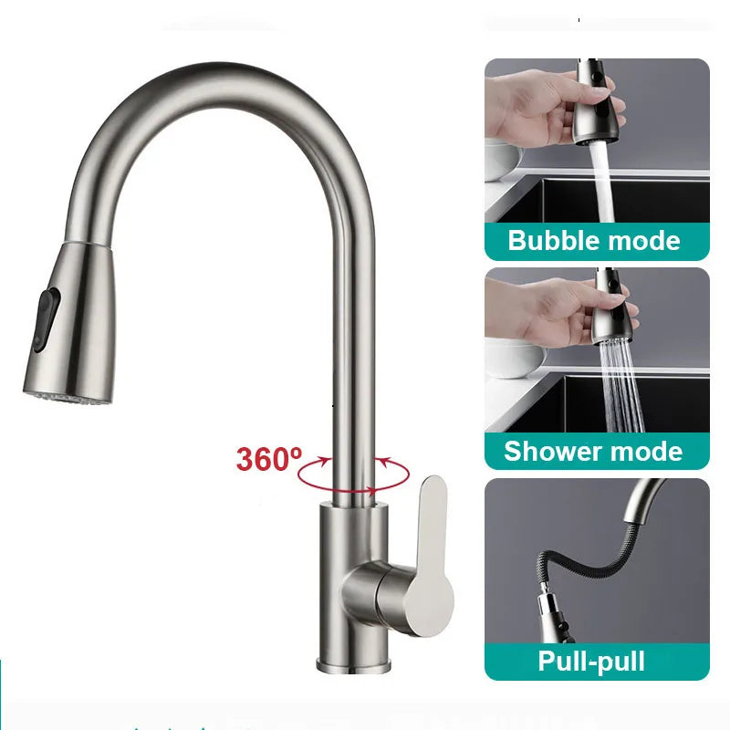 Stainless steel kitchen faucet, single-hole pull-out spout, kitchen sink mixing faucet, 360° rotating cleaning faucet