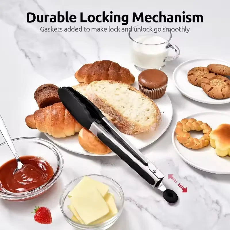 7/9/12inch Silicone Non-slip BBQ Grilling Tongs Salad Bread Cooking Clip Clamp Serving Utensils Kitchen Stainless Steel Tong