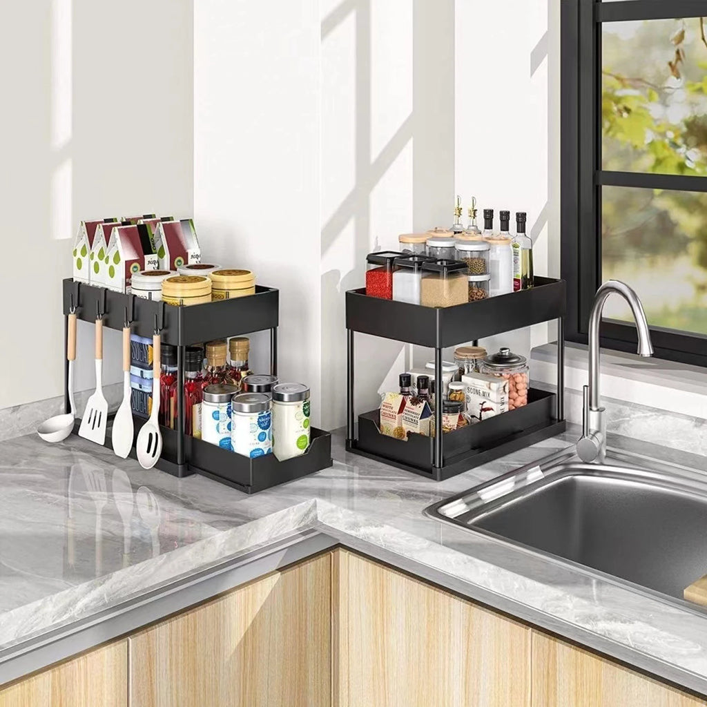 2-Tier Sliding Pull-Out Kitchen Storage Rack - Non-Slip Multifunctional Drawer Organizer for Under-Sink and Countertop Storage