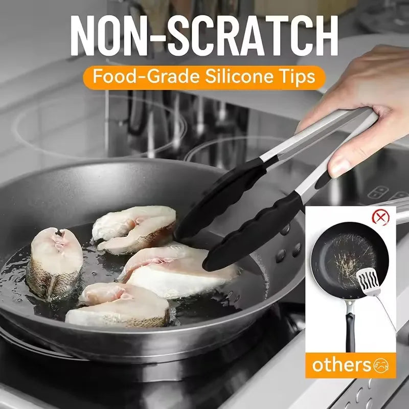 7/9/12inch Silicone Non-slip BBQ Grilling Tongs Salad Bread Cooking Clip Clamp Serving Utensils Kitchen Stainless Steel Tong