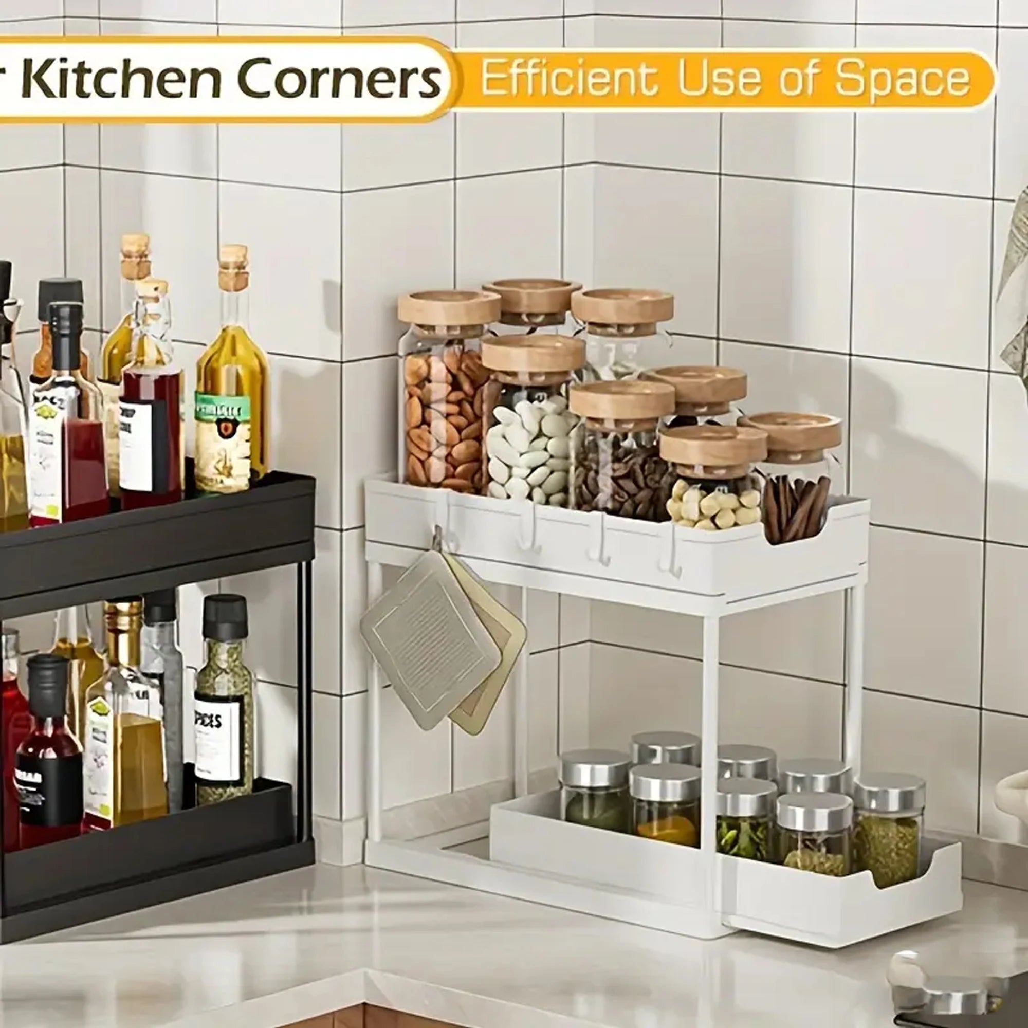 2-Tier Sliding Pull-Out Kitchen Storage Rack - Non-Slip Multifunctional Drawer Organizer for Under-Sink and Countertop Storage