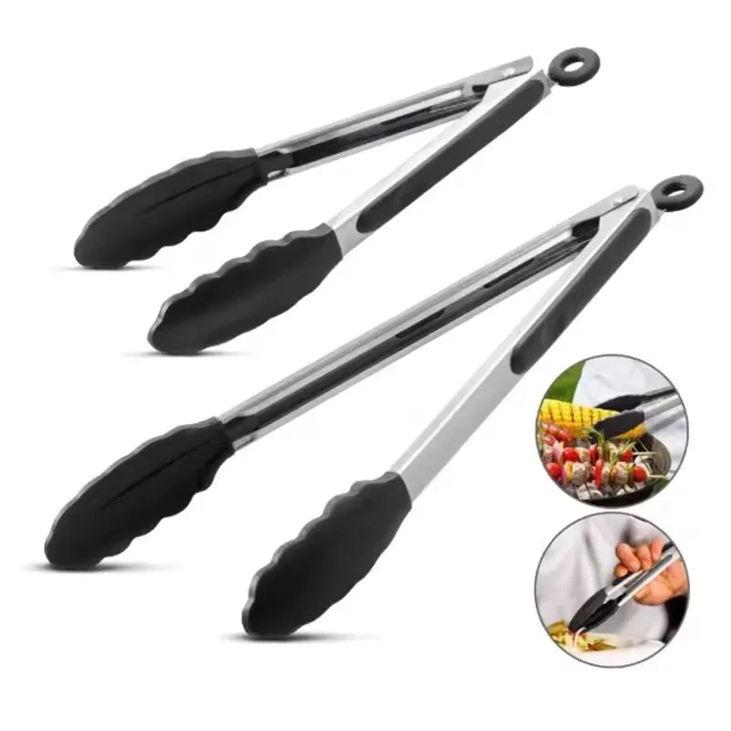 7/9/12inch Silicone Non-slip BBQ Grilling Tongs Salad Bread Cooking Clip Clamp Serving Utensils Kitchen Stainless Steel Tong