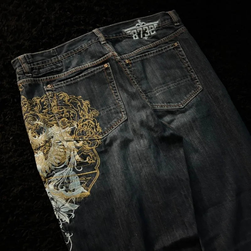 American New Fashion Oversize Pattern Embroidered Baggy Jeans Men Y2K Gothic Harajuku Hip Hop Straight High Waist Wide Leg Pants