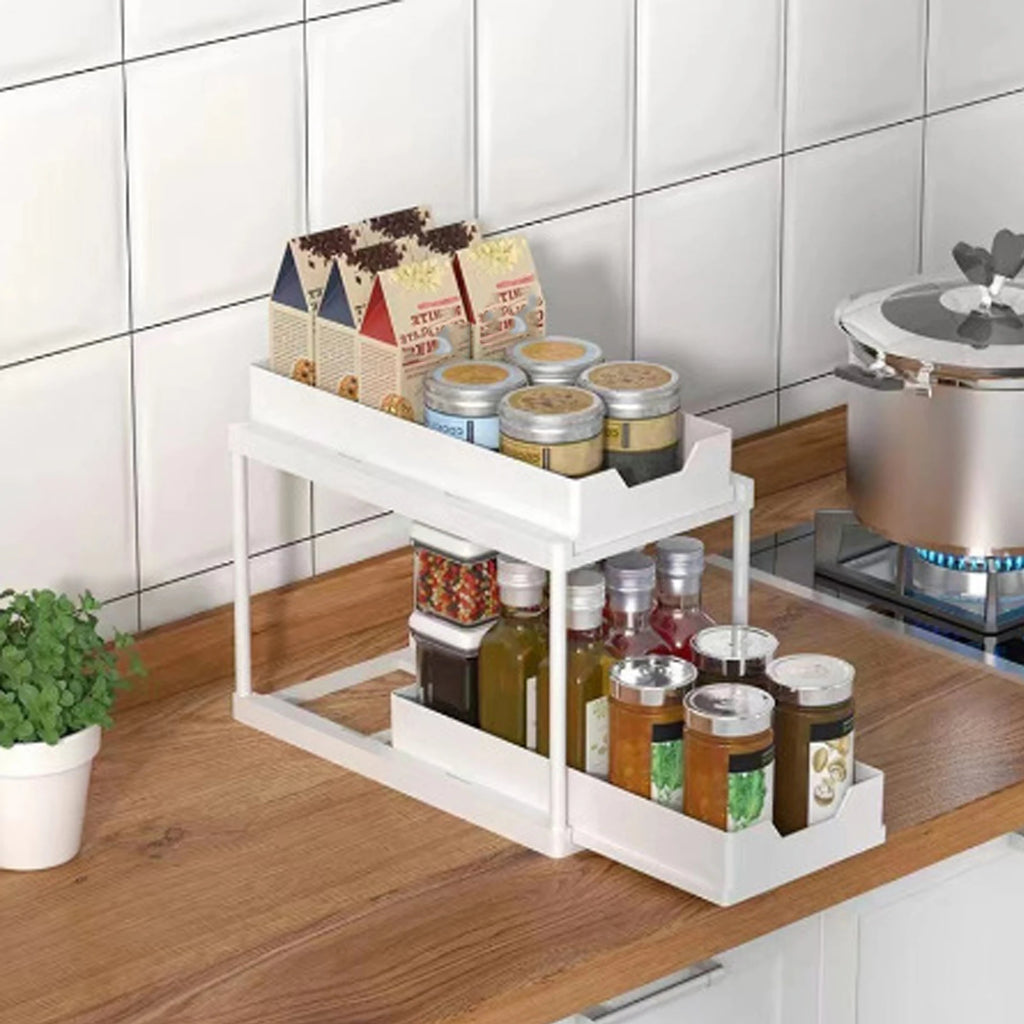 2-Tier Sliding Pull-Out Kitchen Storage Rack - Non-Slip Multifunctional Drawer Organizer for Under-Sink and Countertop Storage