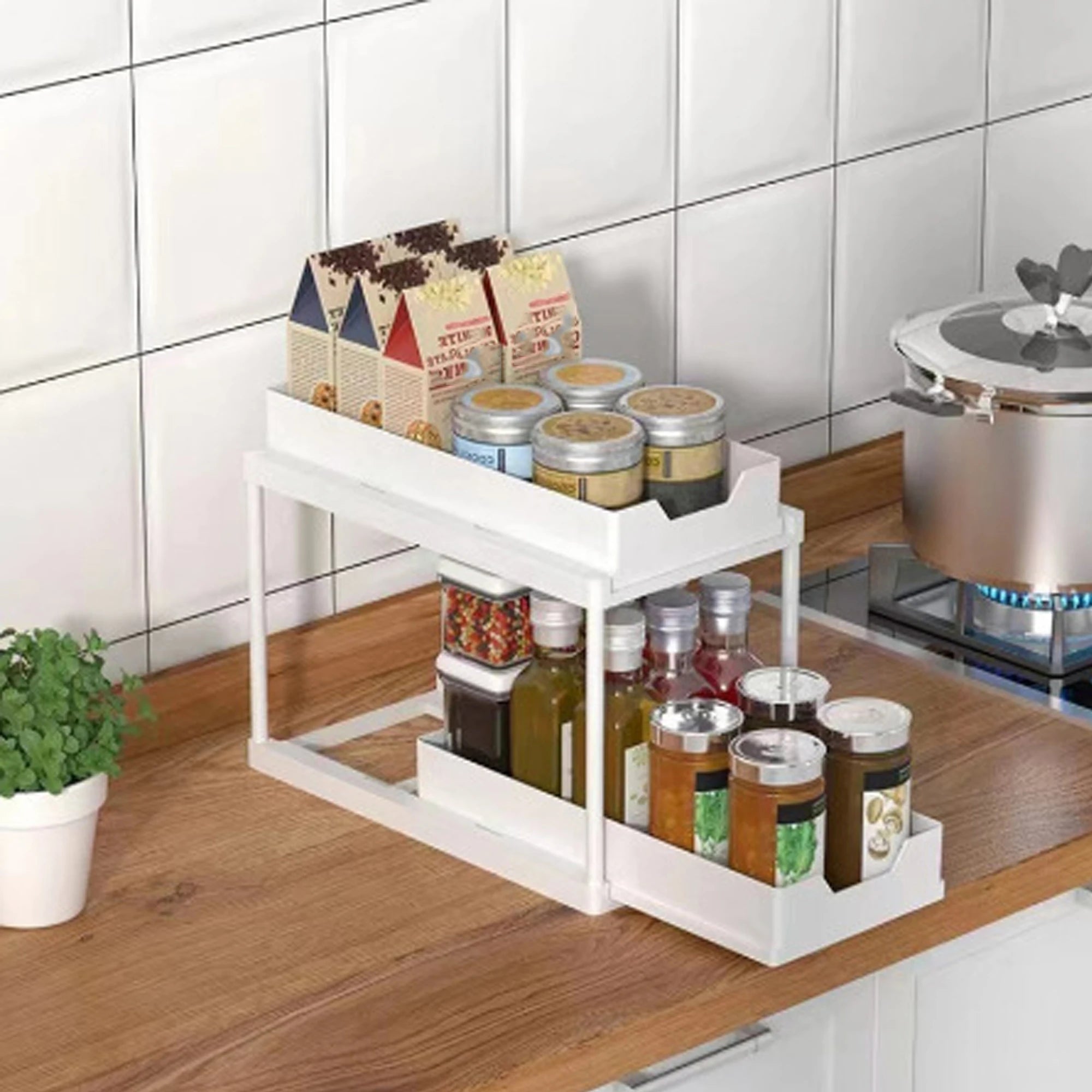 2-Tier Sliding Pull-Out Kitchen Storage Rack - Non-Slip Multifunctional Drawer Organizer for Under-Sink and Countertop Storage