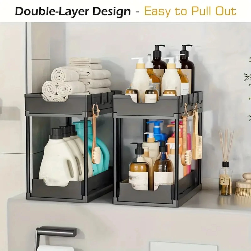 2-Tier Sliding Pull-Out Kitchen Storage Rack - Non-Slip Multifunctional Drawer Organizer for Under-Sink and Countertop Storage