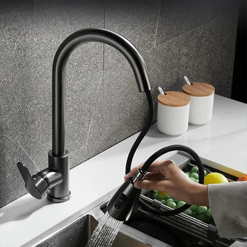 Stainless steel kitchen faucet, single-hole pull-out spout, kitchen sink mixing faucet, 360° rotating cleaning faucet