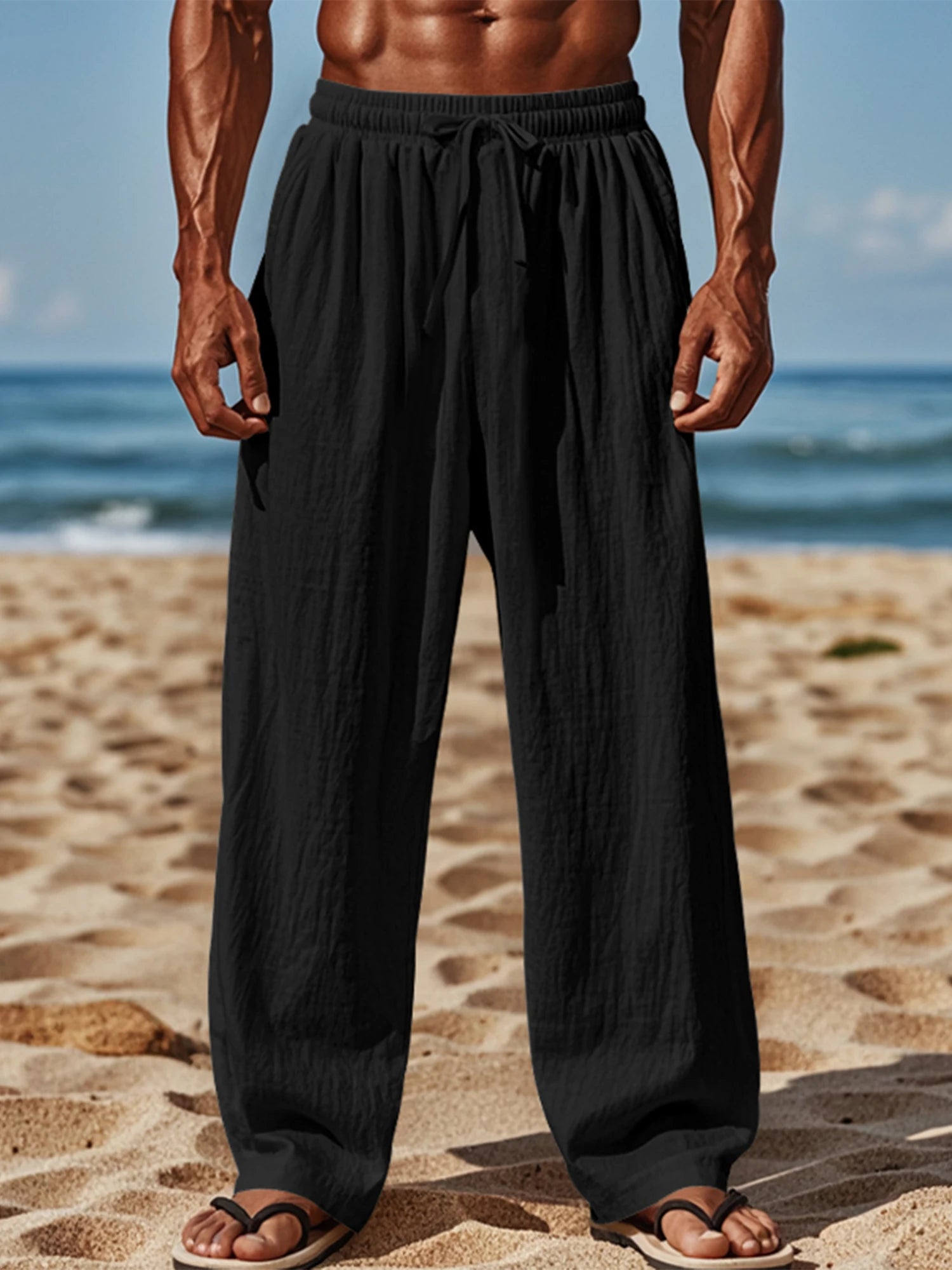Men s Lightweight Linen Blend Pants with Elastic Waistband and Relaxed Fit for Summer Beach Vacation Casual Wear