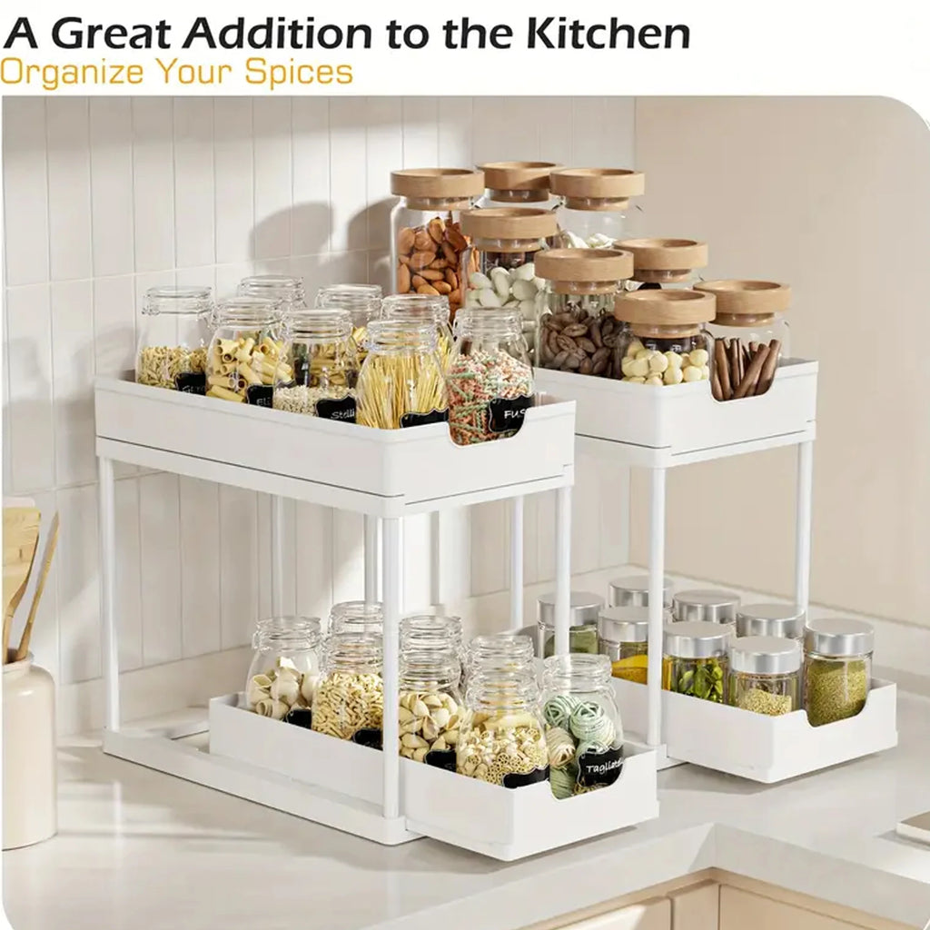 2-Tier Sliding Pull-Out Kitchen Storage Rack - Non-Slip Multifunctional Drawer Organizer for Under-Sink and Countertop Storage