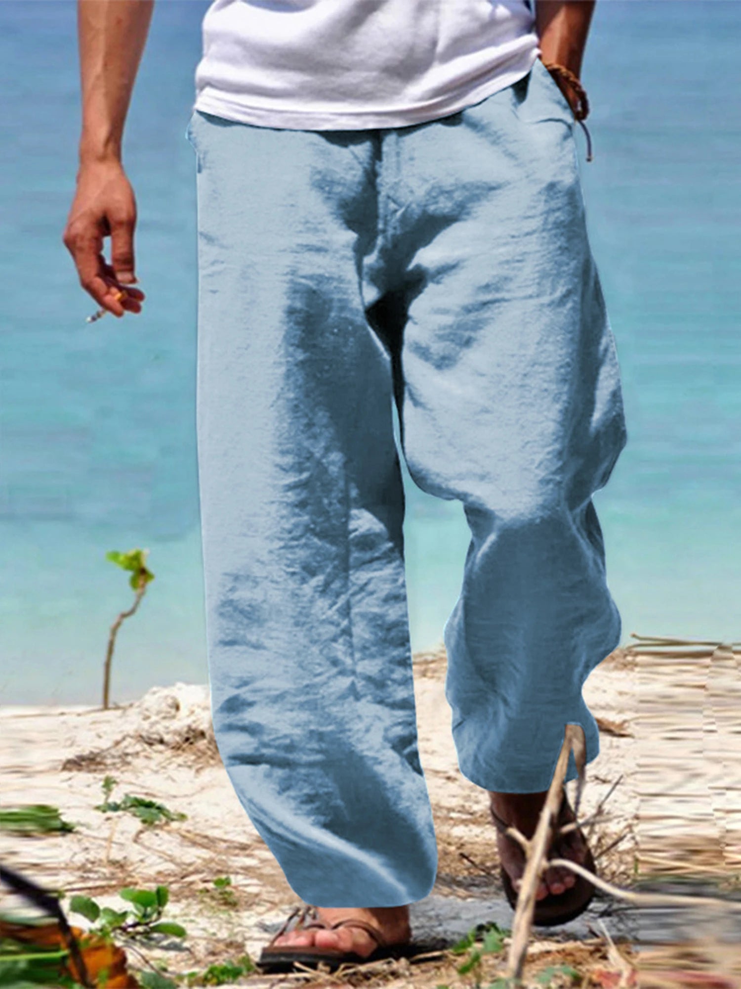 Men s Lightweight Linen Blend Pants with Elastic Waistband and Relaxed Fit for Summer Beach Vacation Casual Wear
