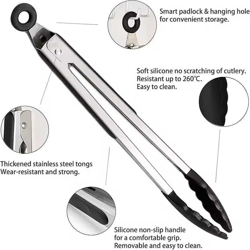 7/9/12inch Silicone Non-slip BBQ Grilling Tongs Salad Bread Cooking Clip Clamp Serving Utensils Kitchen Stainless Steel Tong