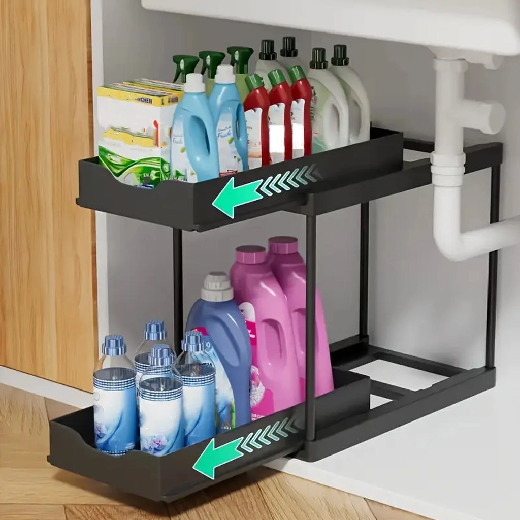 2-Tier Sliding Pull-Out Kitchen Storage Rack - Non-Slip Multifunctional Drawer Organizer for Under-Sink and Countertop Storage