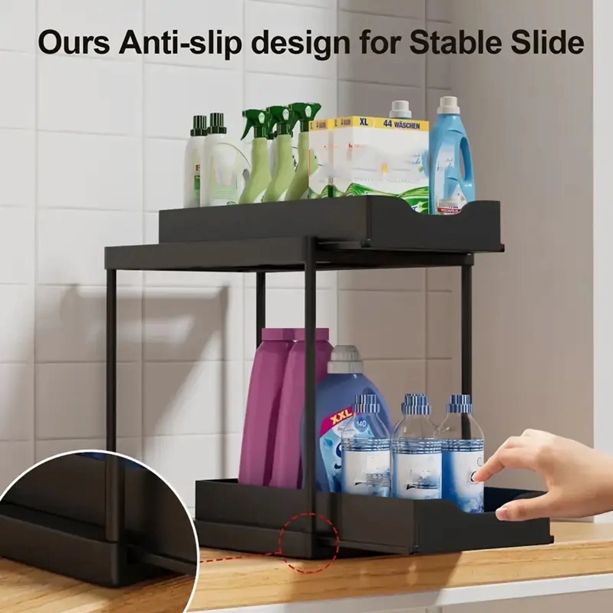 2-Tier Sliding Pull-Out Kitchen Storage Rack - Non-Slip Multifunctional Drawer Organizer for Under-Sink and Countertop Storage