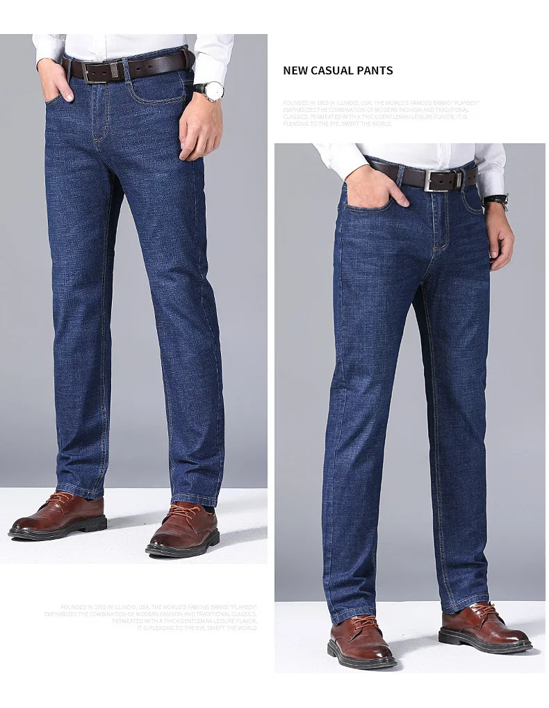 Spring Men Light Luxury Stretch Slim Fit Denim Pants Comfortable Soft Business Fashion Straight Casual Jeans Autumn Brand Clothi