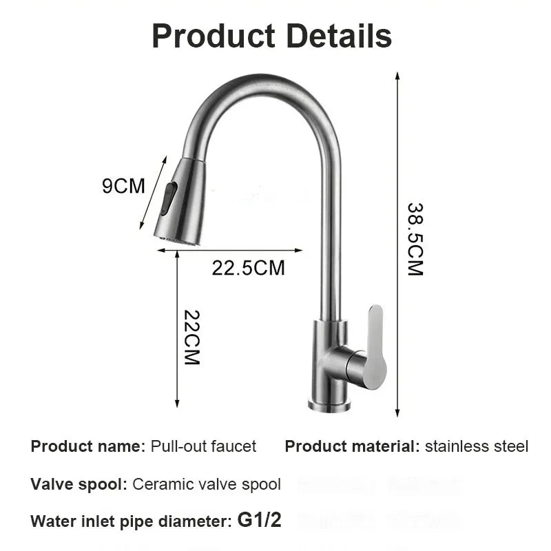 Stainless steel kitchen faucet, single-hole pull-out spout, kitchen sink mixing faucet, 360° rotating cleaning faucet