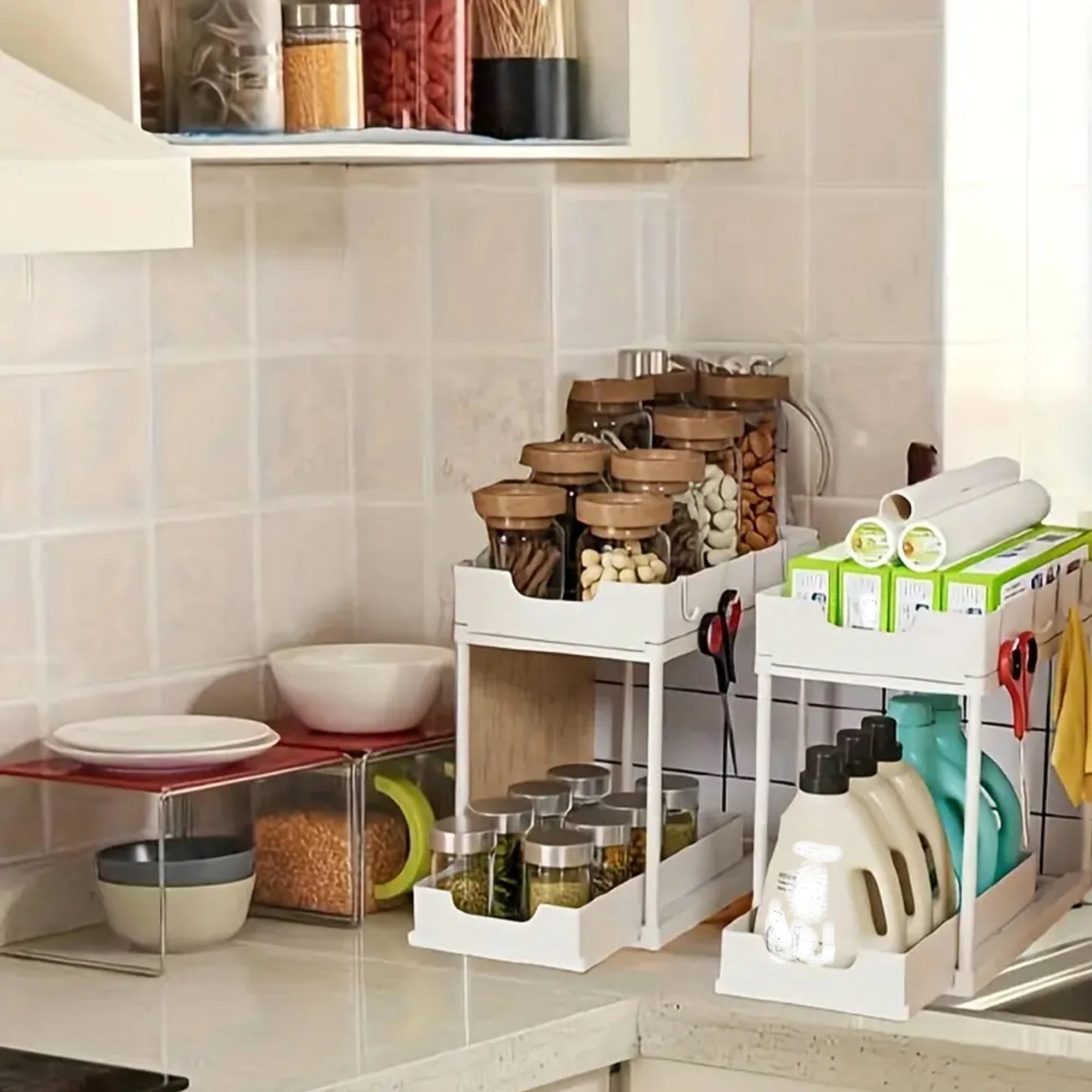 2-Tier Sliding Pull-Out Kitchen Storage Rack - Non-Slip Multifunctional Drawer Organizer for Under-Sink and Countertop Storage