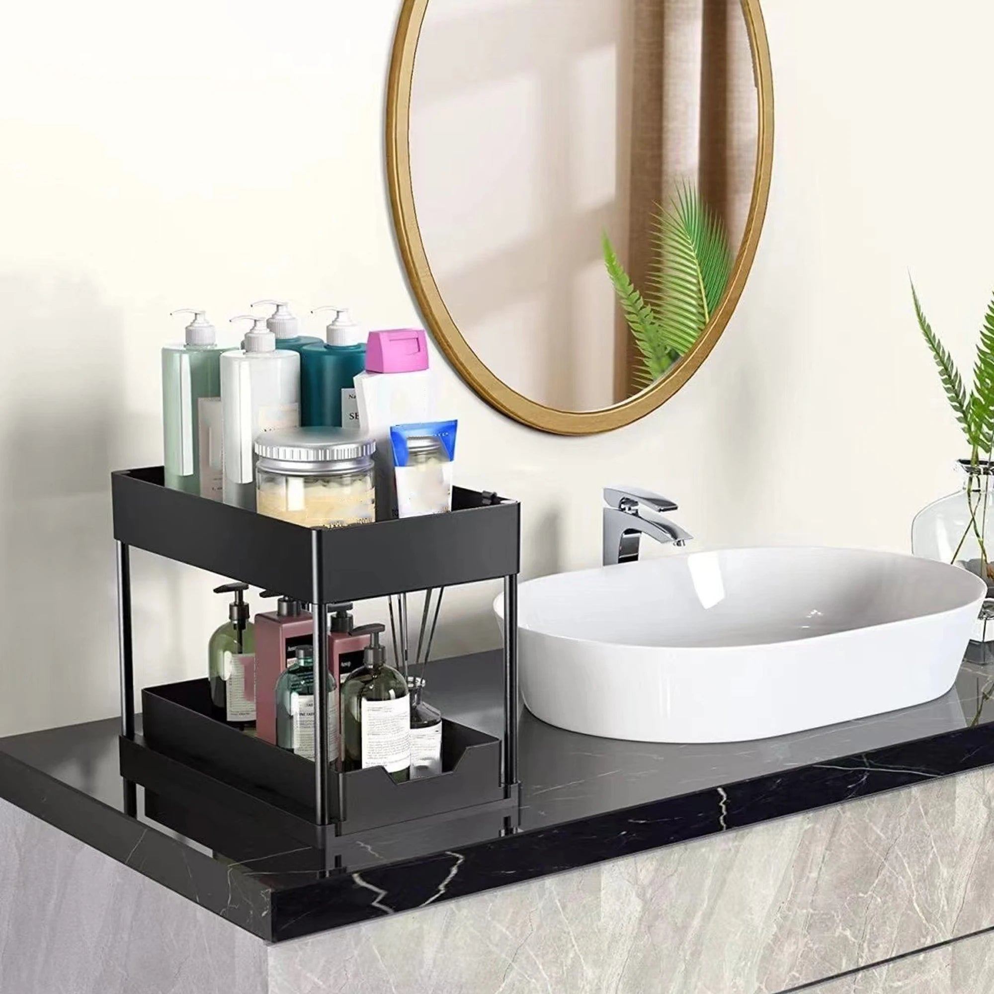 2-Tier Sliding Pull-Out Kitchen Storage Rack - Non-Slip Multifunctional Drawer Organizer for Under-Sink and Countertop Storage