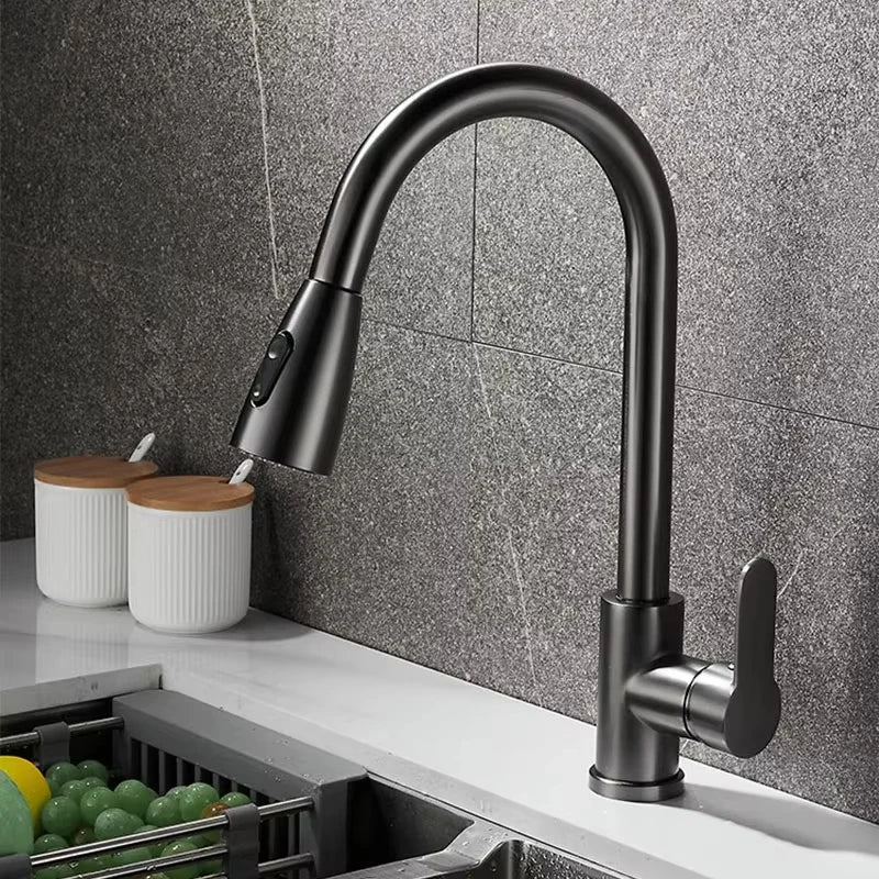 Stainless steel kitchen faucet, single-hole pull-out spout, kitchen sink mixing faucet, 360° rotating cleaning faucet
